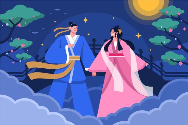 ilustracao de um casal de asiaticos de maos dadas, o homem veste roupa azul e a mulher veste roupa rosa